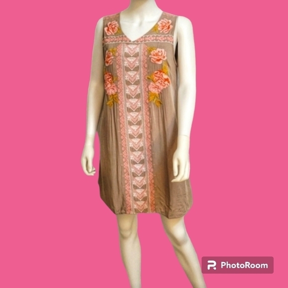 ANDREE BY UNIT Beige Mexican Embroidered Tank Trapeze Jumper Festival Dress - Picture 1 of 10